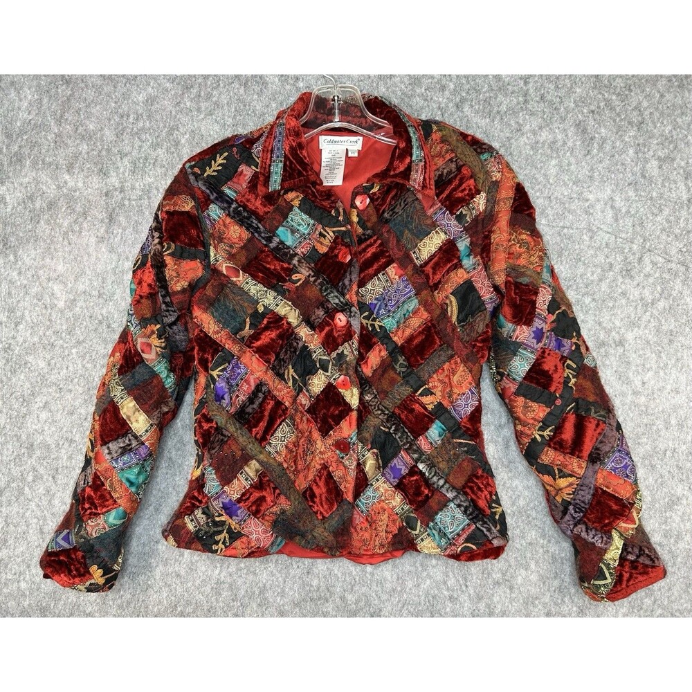 Coldwater Creek Women's Red Velvet Patchwork Quilted Button Up Blazer Jacket PS